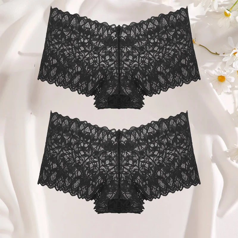 FINETOO 2Pcs Lace Four Shorts Women Low-Rise Panties Floral Underwear S-XL Girls Sexy Panties Ladies Lace Underpants Lingerie