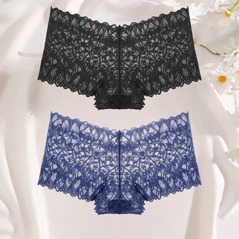 FINETOO 2Pcs Lace Four Shorts Women Low-Rise Panties Floral Underwear S-XL Girls Sexy Panties Ladies Lace Underpants Lingerie