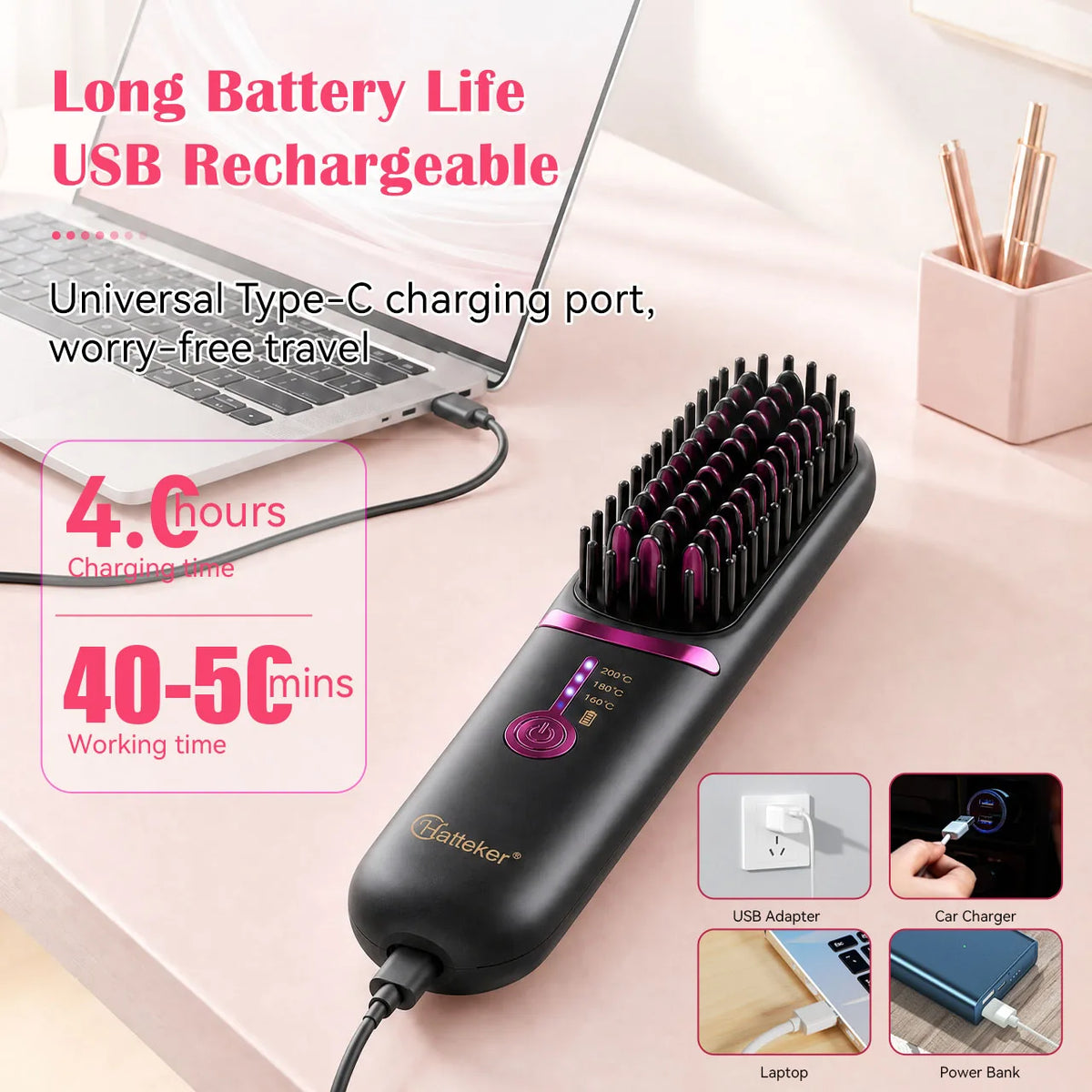 Rechargeable Wireless Hair Straightener Brush, 3 Temperature Settings Portable Hot Comb for Smooth Straight Hair