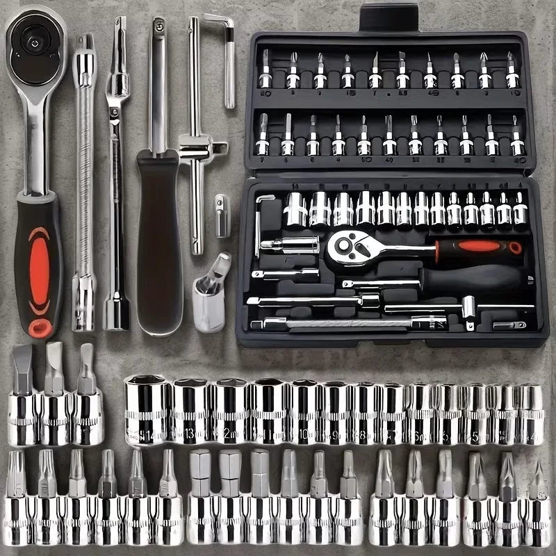 46pcs Ratchet Wrench Set, Metric, Extension Bar, Suitable for Automotive, Bicycle Repair Household, Plated Structure, Pre-assembled, Manual, Including Storage Box, Tool Kit