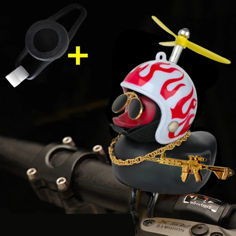 Rubber Duck Toy Car Ornaments Yellow Duck Car Dashboard Decorations Squeeze Duck Bicycle Horns With Gold Gun Propeller Helmet