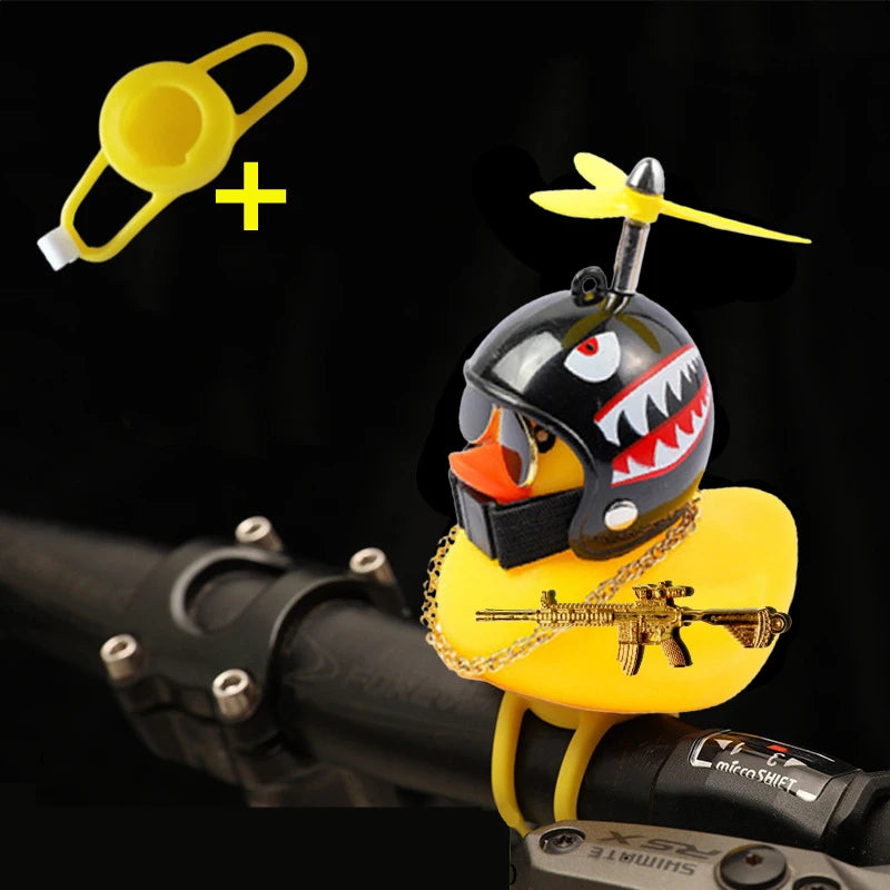 Rubber Duck Toy Car Ornaments Yellow Duck Car Dashboard Decorations Squeeze Duck Bicycle Horns With Gold Gun Propeller Helmet