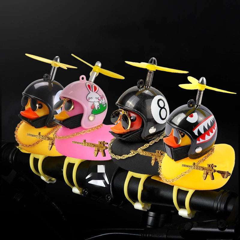 Rubber Duck Toy Car Ornaments Yellow Duck Car Dashboard Decorations Squeeze Duck Bicycle Horns With Gold Gun Propeller Helmet