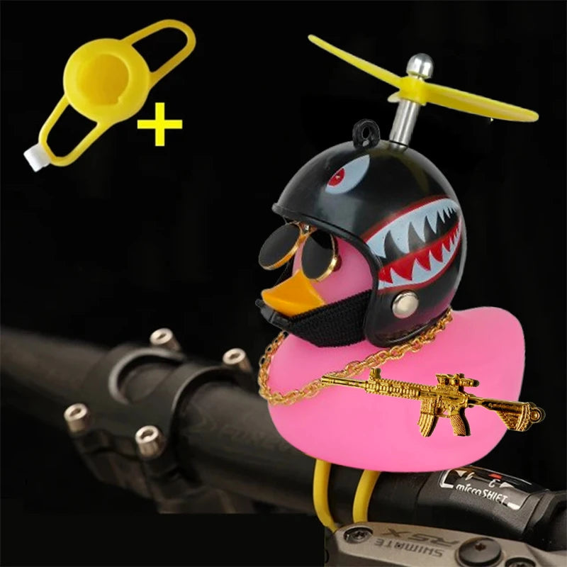 Rubber Duck Toy Car Ornaments Yellow Duck Car Dashboard Decorations Squeeze Duck Bicycle Horns With Gold Gun Propeller Helmet