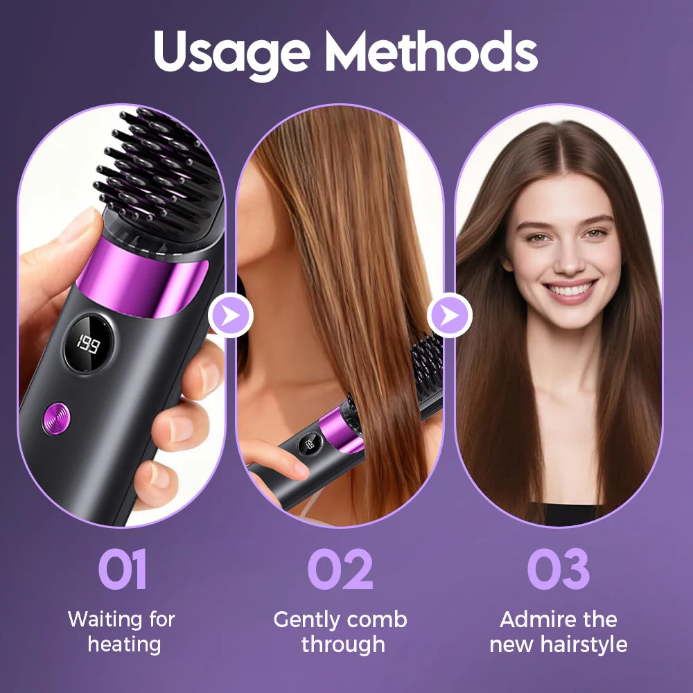 USB Charging Portable Hair Straightener Brush, Cordless Straightening Comb with LED Display & Ceramic Coating, Ionic Technology