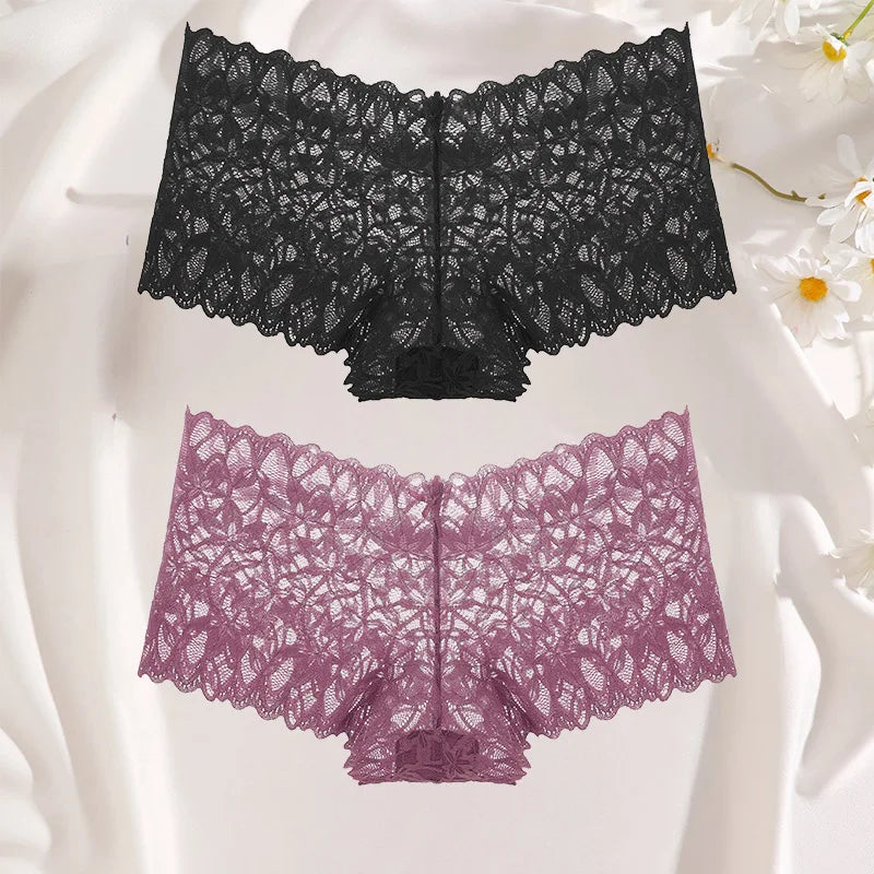 FINETOO 2Pcs Lace Four Shorts Women Low-Rise Panties Floral Underwear S-XL Girls Sexy Panties Ladies Lace Underpants Lingerie