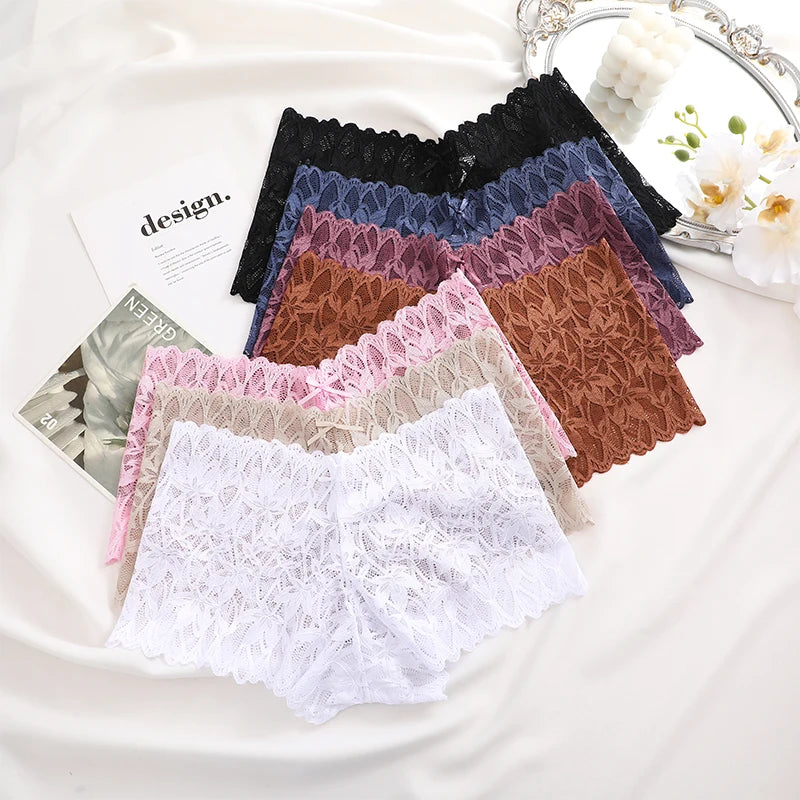 FINETOO 2Pcs Lace Four Shorts Women Low-Rise Panties Floral Underwear S-XL Girls Sexy Panties Ladies Lace Underpants Lingerie