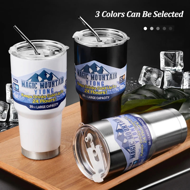 Magic Stainless Steel Freeze Thermos Cup with Straw Ice Coffee Drink Vacuum Insulated Bottle Car Travel Outdoor Mountain Cup