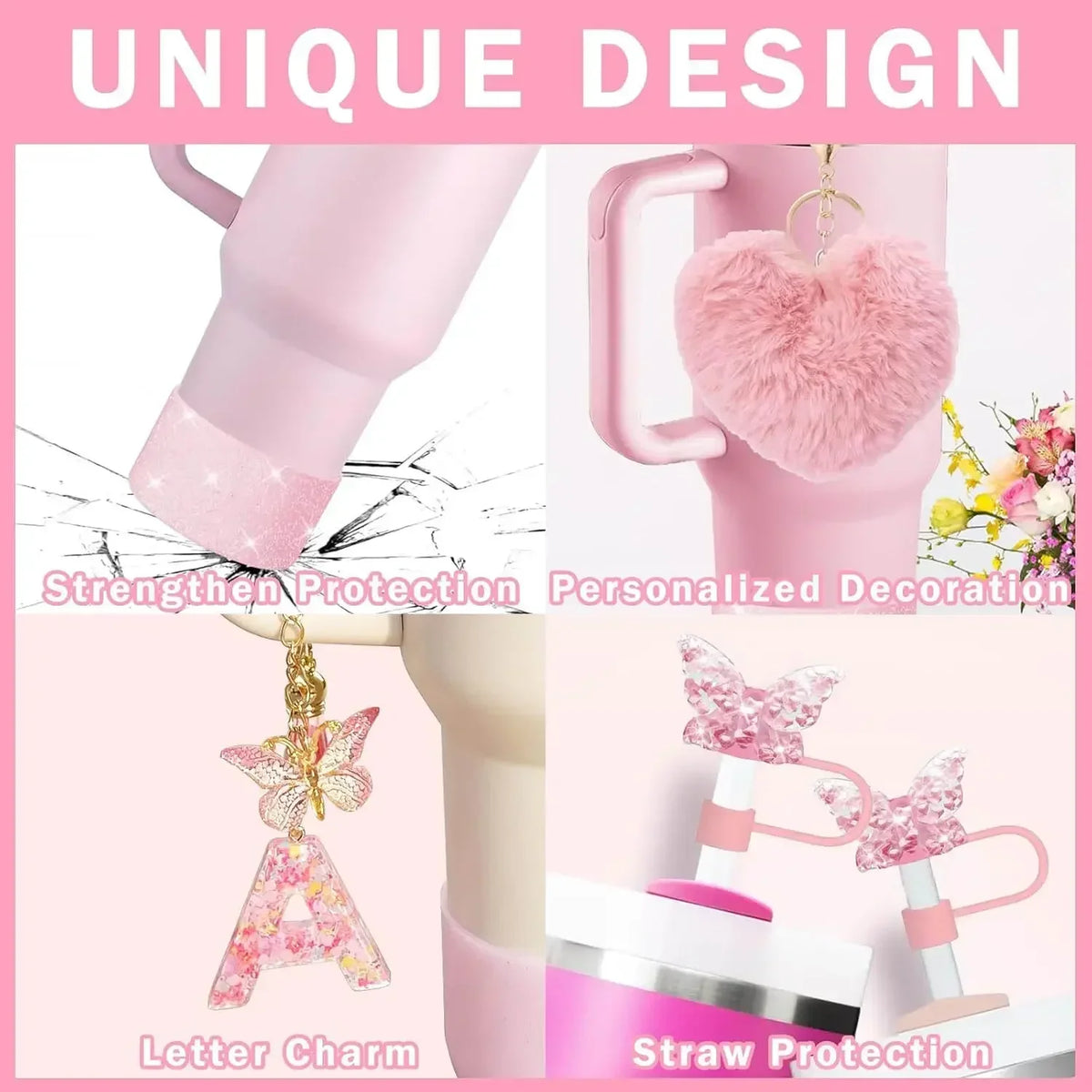 9PCS Accessory Set for Stanley Cup 30oz 40oz Butterfly Straw Cover Cap Silicone Boot Charm Initials Sticker Spill Proof Stopper