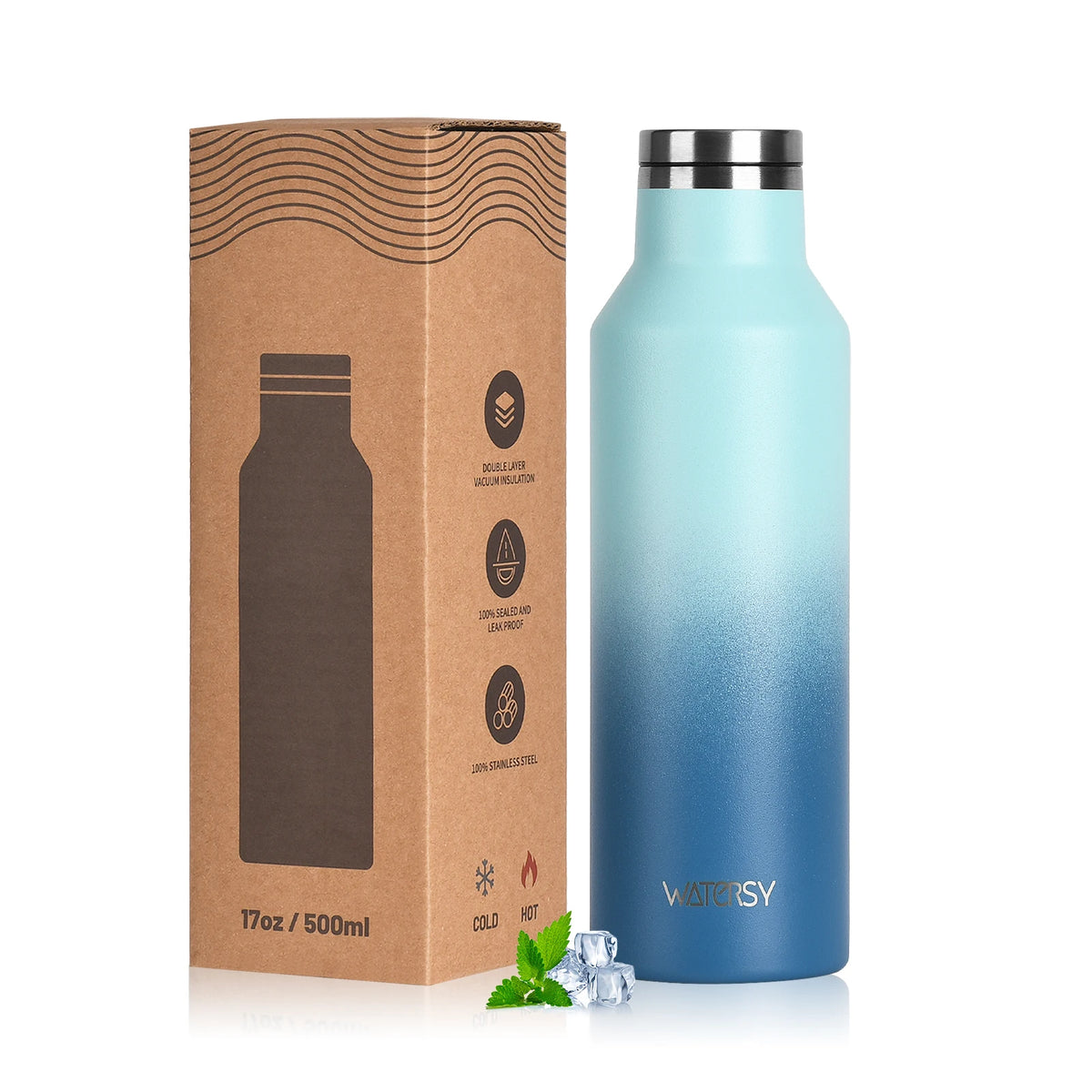 WATERSY 350/500ml Stainless Steel Thermal Cup Insulated Vacuum Flask Sports Water Bottle for Iced Coffee, Travel, Car & Gym
