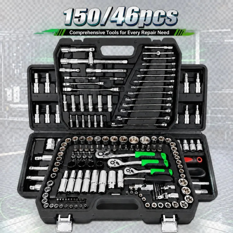 150/46Pcs Premium Heavy Duty CR-V Socket Wrench Ratchet Set, Multifunctional Auto Mechanical Repair Tool Kit with Storage Case