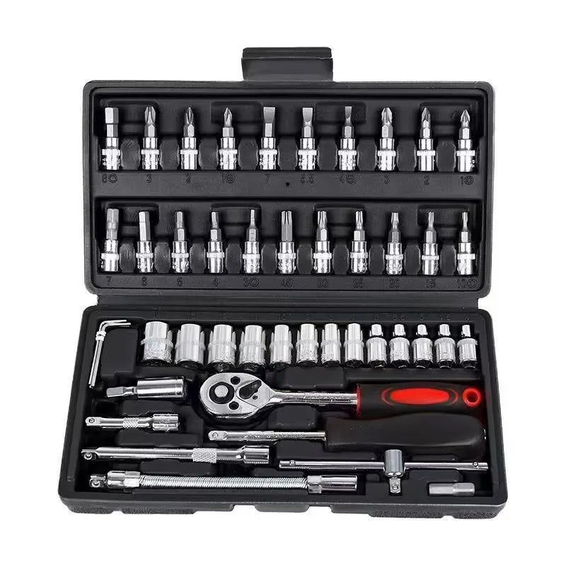 46-Piece Socket Set in Chrome Vanadium Steel with Ratchet, Extensions, and Portable Case for Auto and Home Repairs