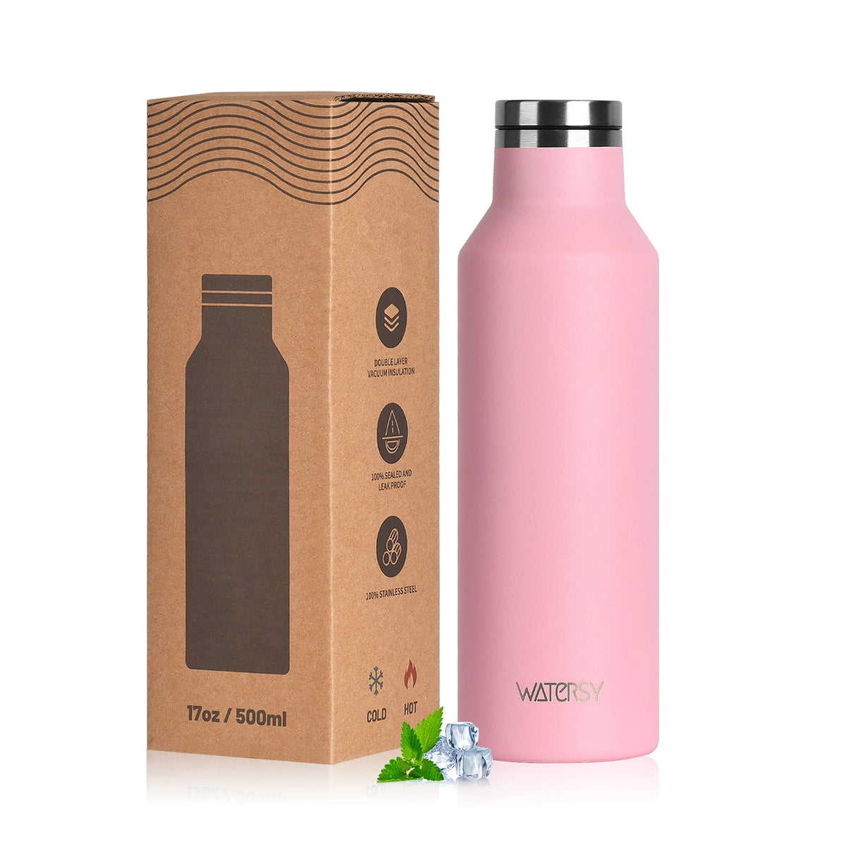 WATERSY 350/500ml Stainless Steel Thermal Cup Insulated Vacuum Flask Sports Water Bottle for Iced Coffee, Travel, Car & Gym