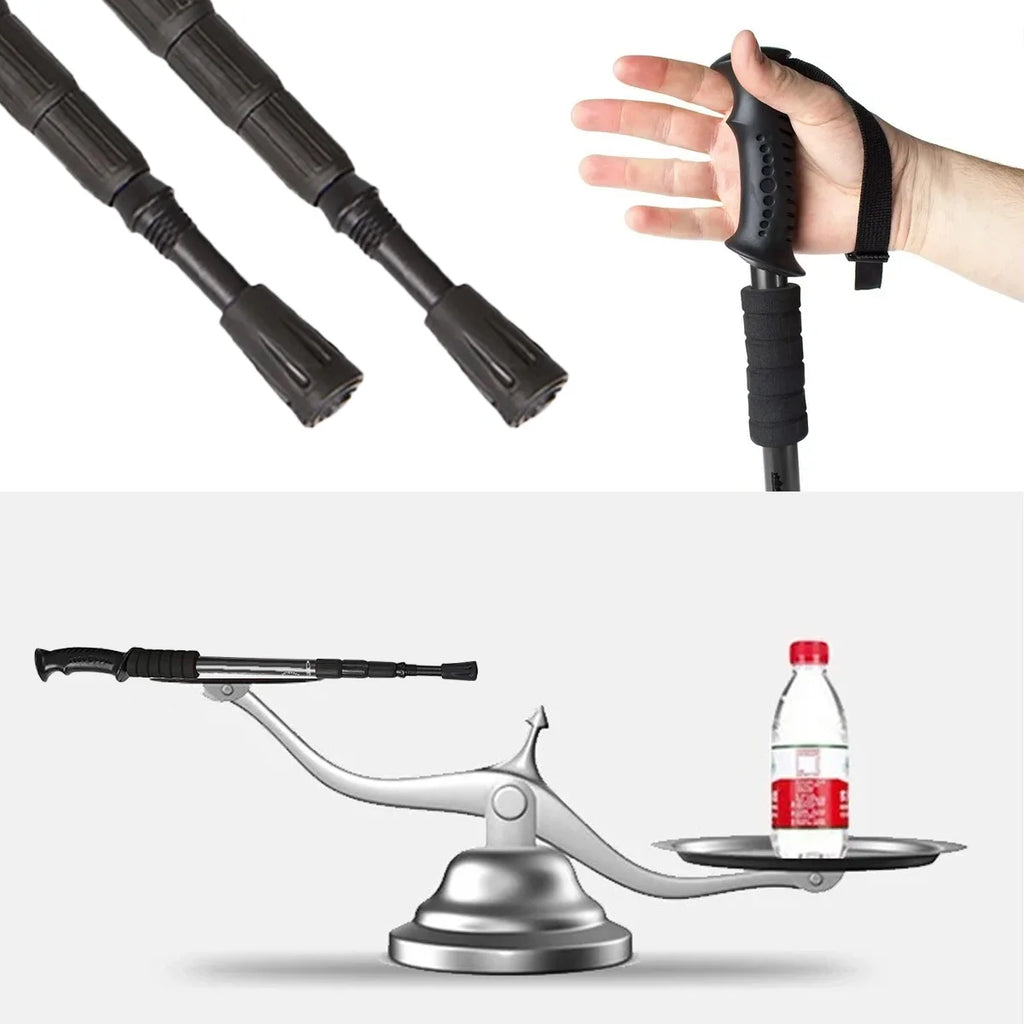 Trekking Poles Nordic Walking Anti Shock Adjustable Aluminium Hiking Sticks Set of 2, 3-Section Telescopic 65-135 cm, Built-In Compass, Rubber Anti-Slip Grips, Wrist Straps and Trekking Tips, Lightweight Walking Poles for Mou