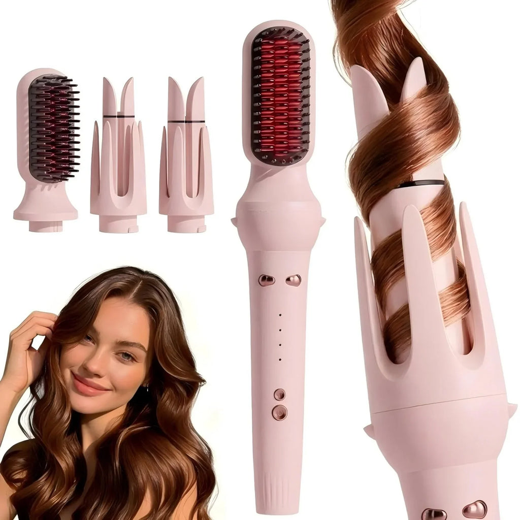 3 in 1 Automatic Hair Curler, Curling Wand with 32mm/36mm Ceramic Barrel, Hair Straightener Brush, 360° Rotating Curling Iron with 4 Temps Fast Heating for Hair Styling (Pink)