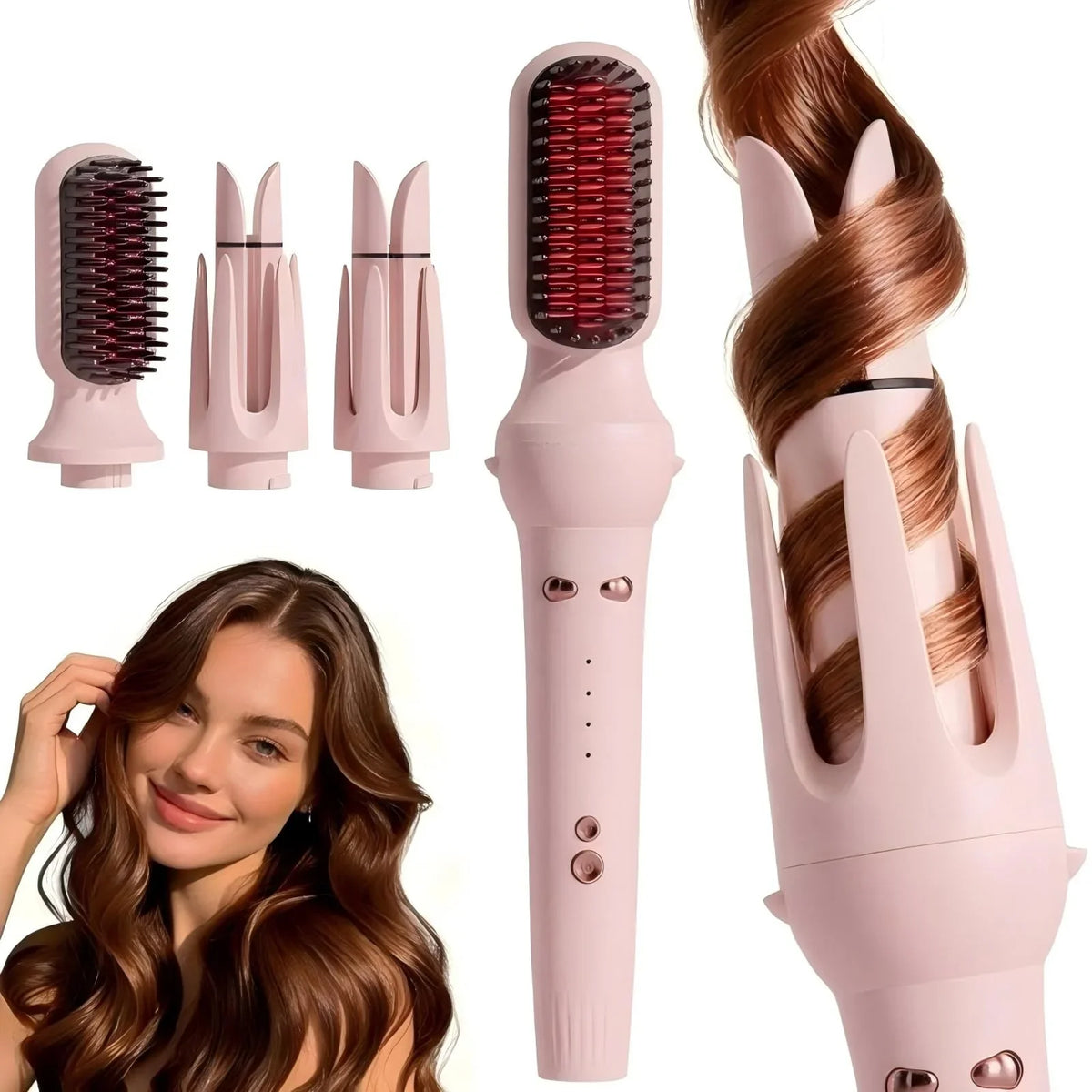 3 in 1 Automatic Hair Curler, Curling Wand with 32mm/36mm Ceramic Barrel, Hair Straightener Brush, 360° Rotating Curling Iron with 4 Temps Fast Heating for Hair Styling (Pink)