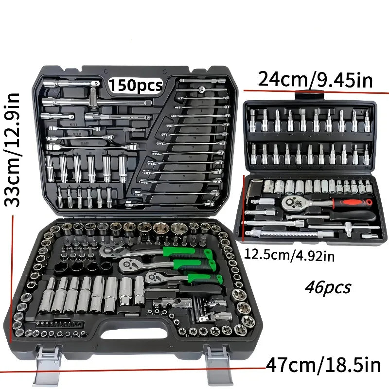150/46Pcs Premium Heavy Duty CR-V Socket Wrench Ratchet Set, Multifunctional Auto Mechanical Repair Tool Kit with Storage Case