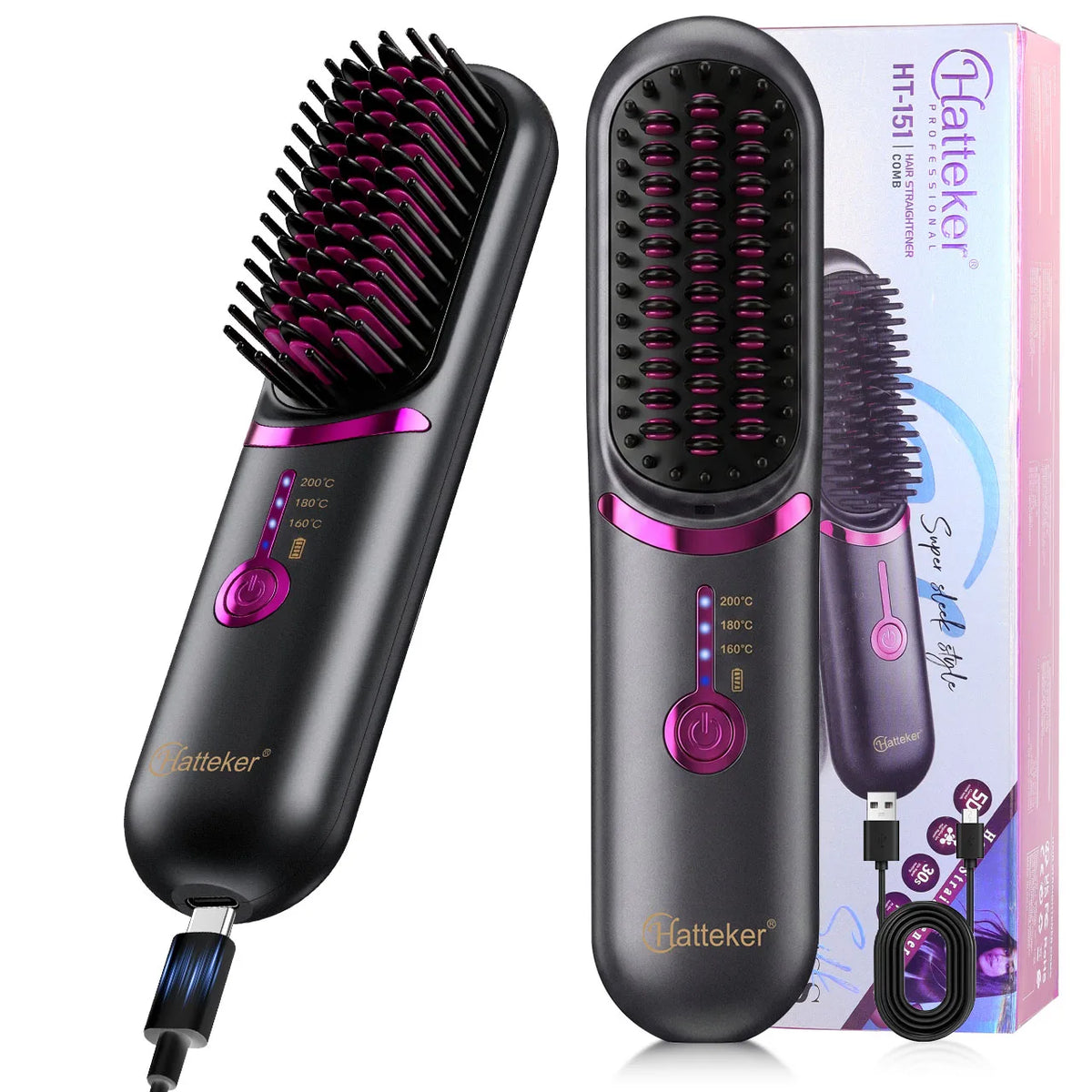 Rechargeable Wireless Hair Straightener Brush, 3 Temperature Settings Portable Hot Comb for Smooth Straight Hair