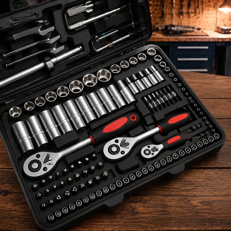 46-Piece Socket Set in Chrome Vanadium Steel with Ratchet, Extensions, and Portable Case for Auto and Home Repairs