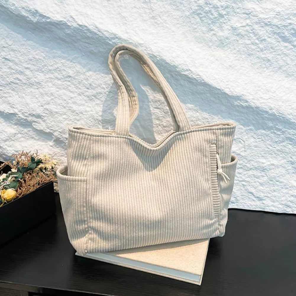 Women Corduroy All-Match Tote Bag Large Capacity Soft Underarm Bag Leisure Shoulder Bag Travel Shopping Work Handbag
