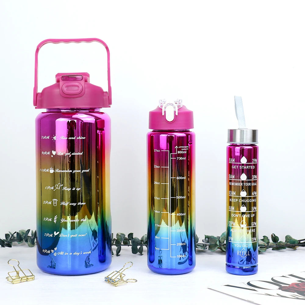 3 pcs of leak proof electroplated gradient sports water bottles with straws and time markers - Perfect for offices, schools,
