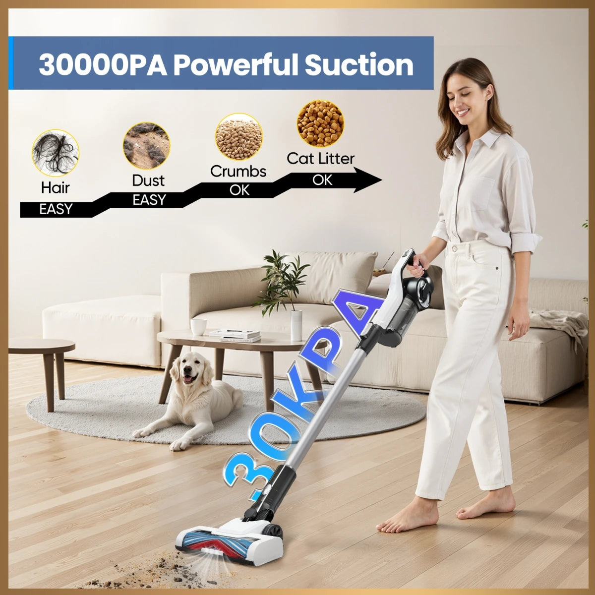 LAMZIEN V9 Cordless Vacuum Cleaner, 30000PA/40Min Runtime, Efficient HEPA Filtration, with LED Headlight, Lightweight Handheld Vacuums for Pet Hair Carpet and Hardwood Floor