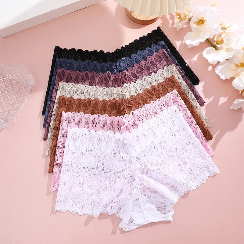 FINETOO 2Pcs Lace Four Shorts Women Low-Rise Panties Floral Underwear S-XL Girls Sexy Panties Ladies Lace Underpants Lingerie