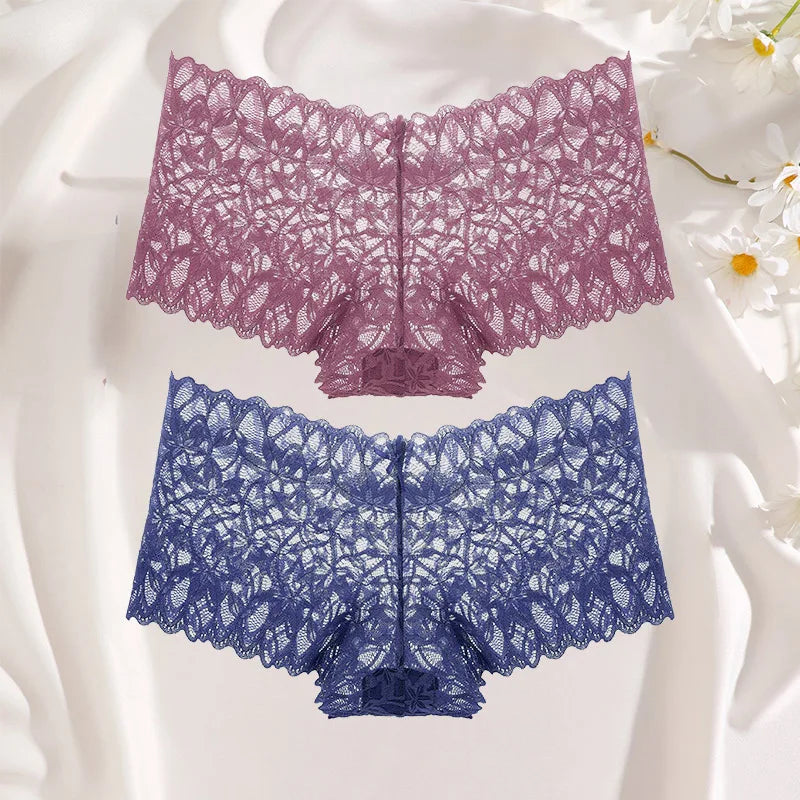 FINETOO 2Pcs Lace Four Shorts Women Low-Rise Panties Floral Underwear S-XL Girls Sexy Panties Ladies Lace Underpants Lingerie