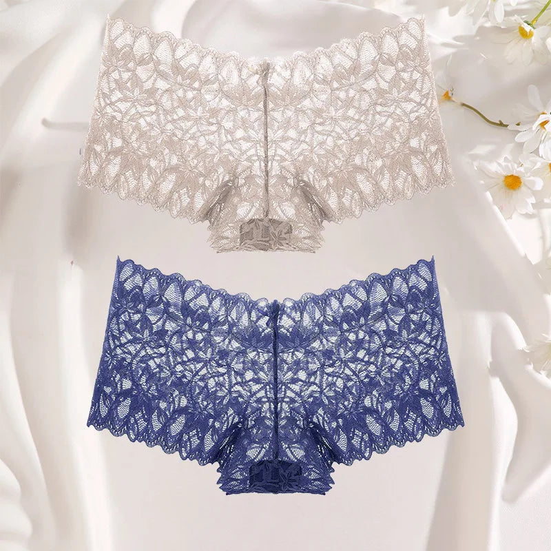 FINETOO 2Pcs Lace Four Shorts Women Low-Rise Panties Floral Underwear S-XL Girls Sexy Panties Ladies Lace Underpants Lingerie