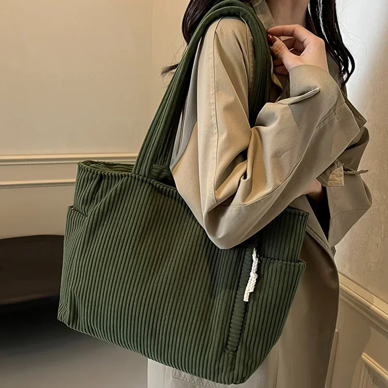 Corduroy Daily Handbag Fashionable Versatile Shoulder Bag for Women Multi-Compartment Zipper Closure Commute Women's Tote Bag