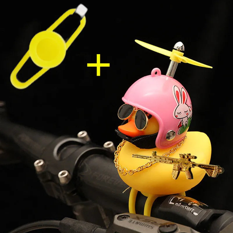Rubber Duck Toy Car Ornaments Yellow Duck Car Dashboard Decorations Squeeze Duck Bicycle Horns With Gold Gun Propeller Helmet