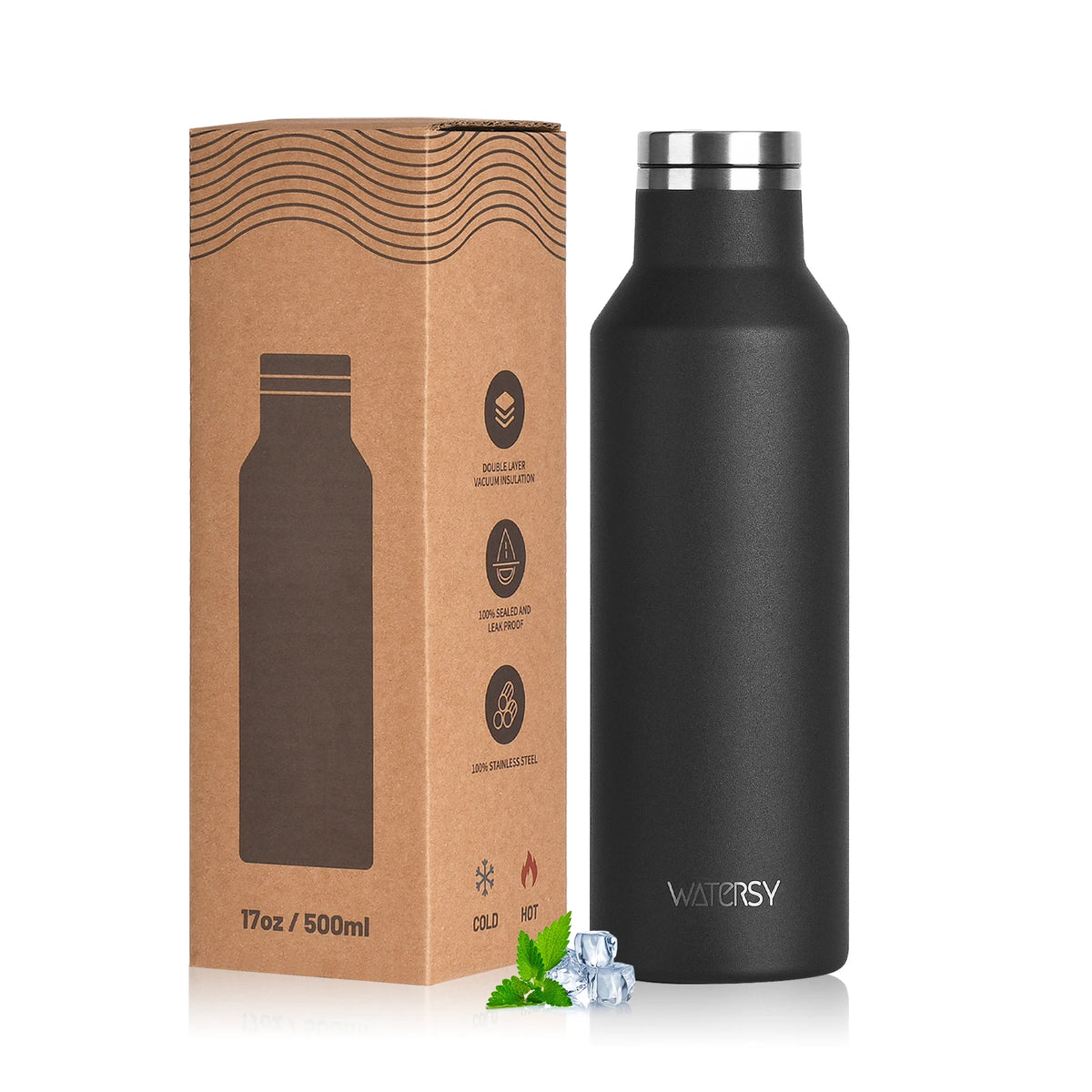 WATERSY 350/500ml Stainless Steel Thermal Cup Insulated Vacuum Flask Sports Water Bottle for Iced Coffee, Travel, Car & Gym