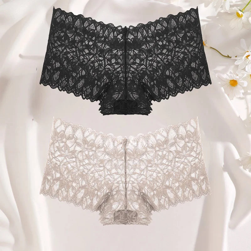 FINETOO 2Pcs Lace Four Shorts Women Low-Rise Panties Floral Underwear S-XL Girls Sexy Panties Ladies Lace Underpants Lingerie
