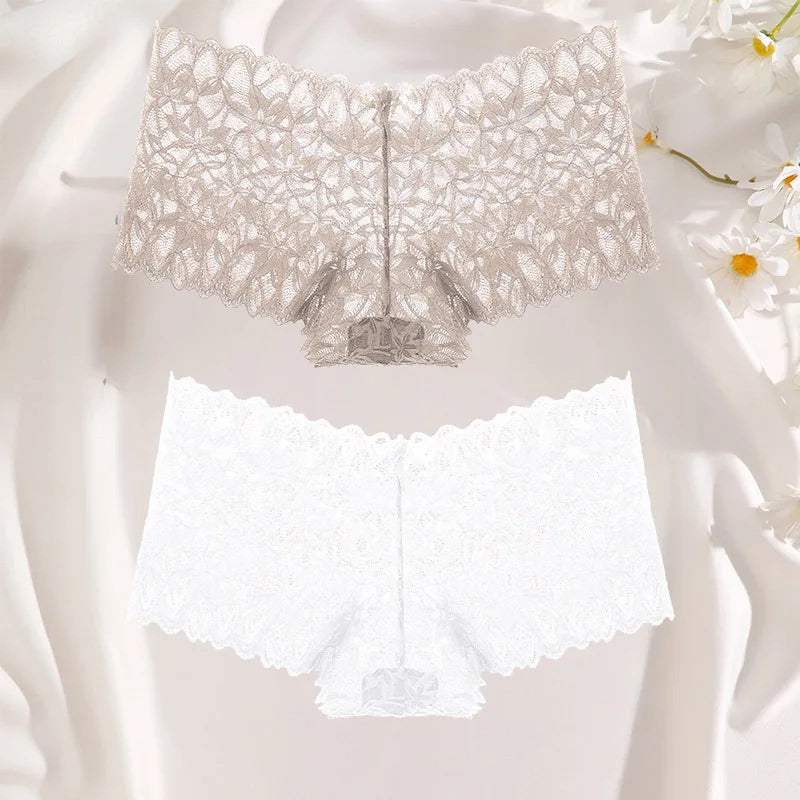 FINETOO 2Pcs Lace Four Shorts Women Low-Rise Panties Floral Underwear S-XL Girls Sexy Panties Ladies Lace Underpants Lingerie