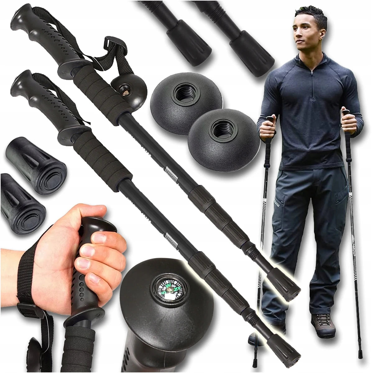 Trekking Poles Nordic Walking Anti Shock Adjustable Aluminium Hiking Sticks Set of 2, 3-Section Telescopic 65-135 cm, Built-In Compass, Rubber Anti-Slip Grips, Wrist Straps and Trekking Tips, Lightweight Walking Poles for Mou