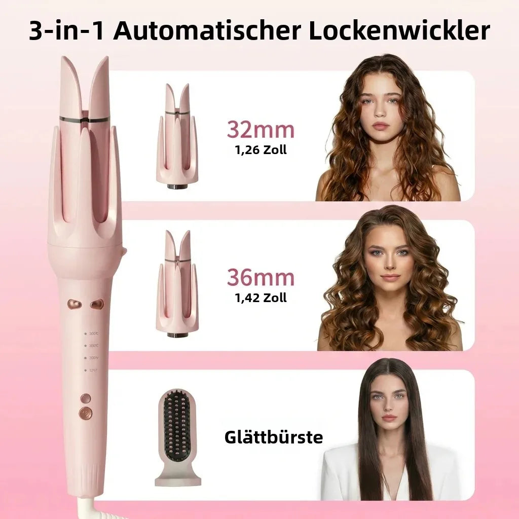 3 in 1 Automatic Hair Curler, Curling Wand with 32mm/36mm Ceramic Barrel, Hair Straightener Brush, 360° Rotating Curling Iron with 4 Temps Fast Heating for Hair Styling (Pink)