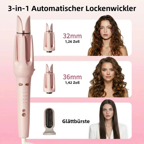 3 in 1 Automatic Hair Curler, Curling Wand with 32mm/36mm Ceramic Barrel, Hair Straightener Brush, 360° Rotating Curling Iron with 4 Temps Fast Heating for Hair Styling (Pink)