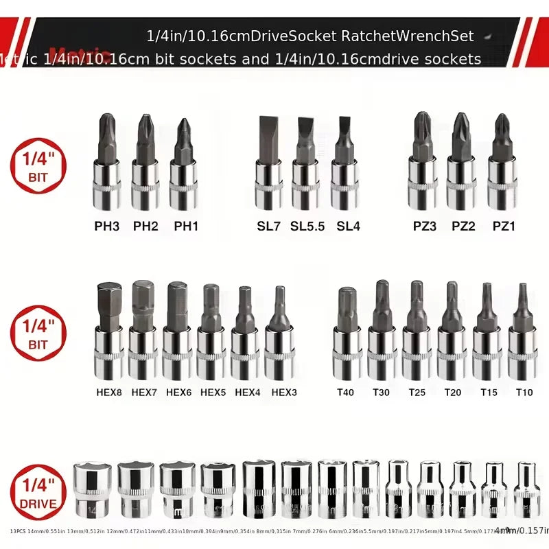 46pcs Ratchet Wrench Set, Metric, Extension Bar, Suitable for Automotive, Bicycle Repair Household, Plated Structure, Pre-assembled, Manual, Including Storage Box, Tool Kit