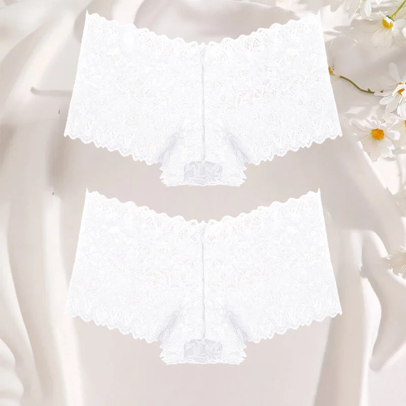 FINETOO 2Pcs Lace Four Shorts Women Low-Rise Panties Floral Underwear S-XL Girls Sexy Panties Ladies Lace Underpants Lingerie