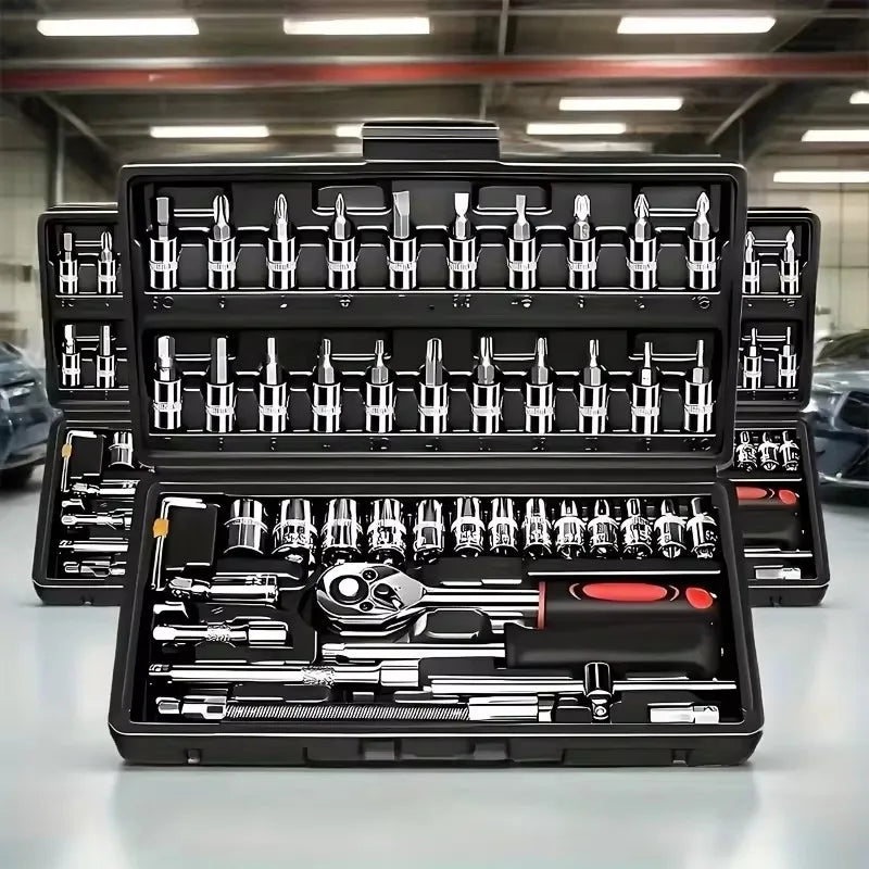 46-Piece Socket Set in Chrome Vanadium Steel with Ratchet, Extensions, and Portable Case for Auto and Home Repairs