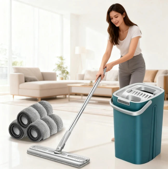 Hand Free Flat Floor Mop and Bucket Set Indoor Kitchen Cleaning Tool Microfiber Scraper Universal Adjustable Wet Dry Application