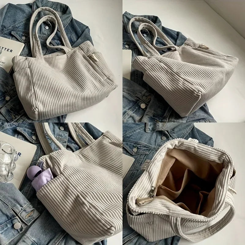 The new corduroy tote bag is a simple, large-capacity, versatile, casual student shoulder bag for class and commuting