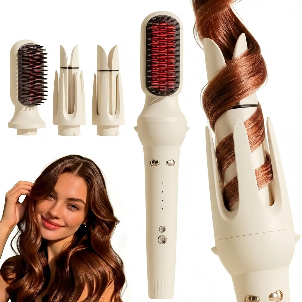 3 in 1 Automatic Hair Curler, Curling Wand with 32mm/36mm Ceramic Barrel, Hair Straightener Brush, 360° Rotating Curling Iron with 4 Temps Fast Heating for Hair Styling (Pink)