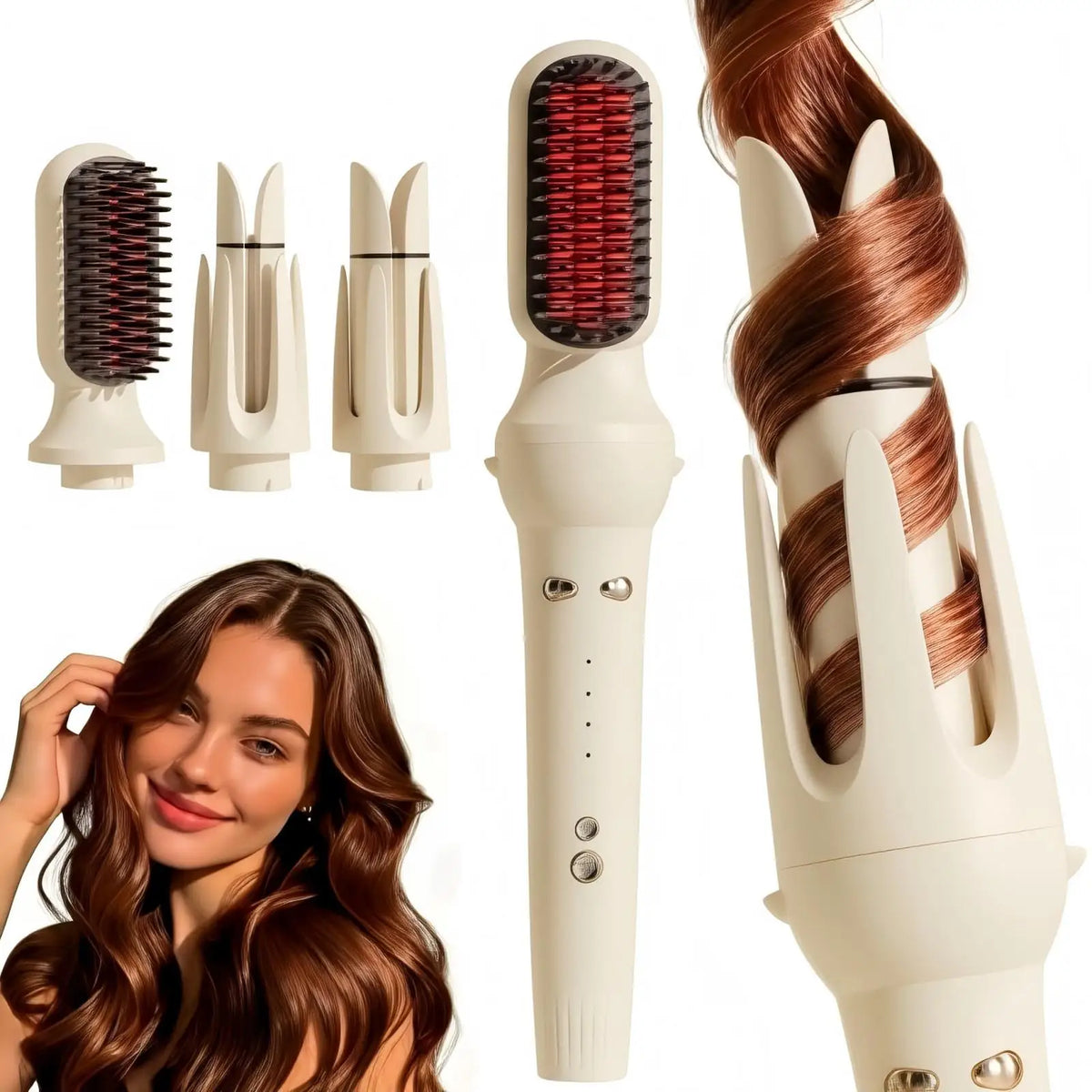 3 in 1 Automatic Hair Curler, Curling Wand with 32mm/36mm Ceramic Barrel, Hair Straightener Brush, 360° Rotating Curling Iron with 4 Temps Fast Heating for Hair Styling (Pink)