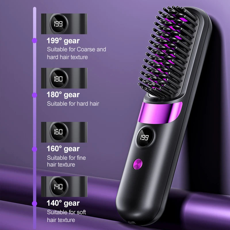 USB Charging Portable Hair Straightener Brush, Cordless Straightening Comb with LED Display & Ceramic Coating, Ionic Technology